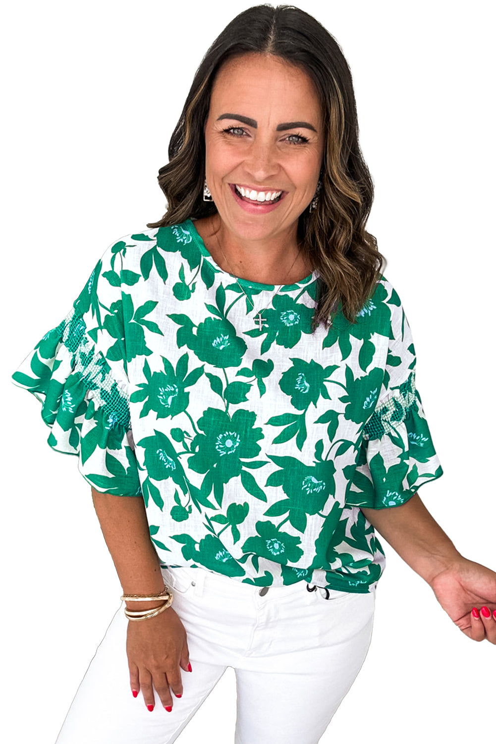 Green Floral Printed Ruffled Short Sleeve Round Neck Loose Blouse eAura