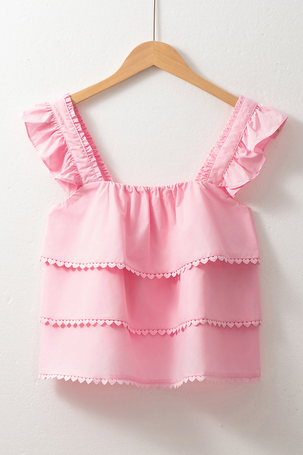 Pink Tiered Heart Trim Square Neck Flutter Top eAura