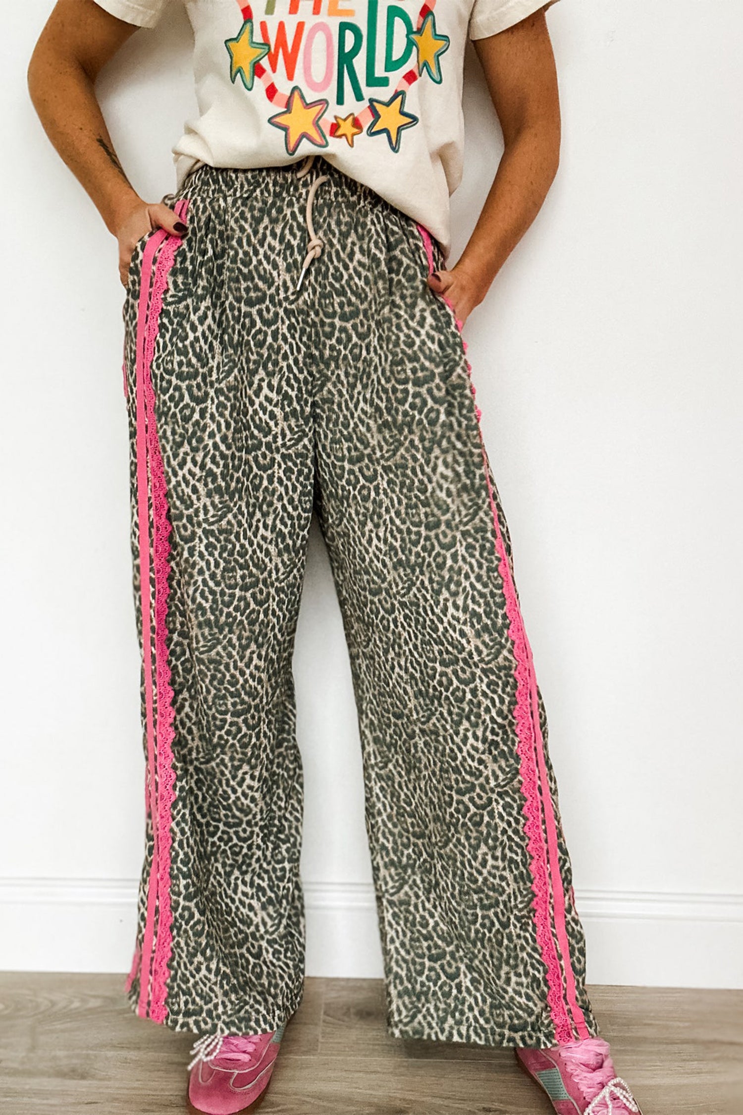 Wild Leopard Print Contrast Lace Striped Detail Drawstring Pants – Brown