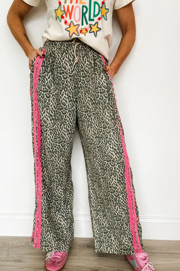 Wild Leopard Print Contrast Lace Striped Detail Drawstring Pants – Brown