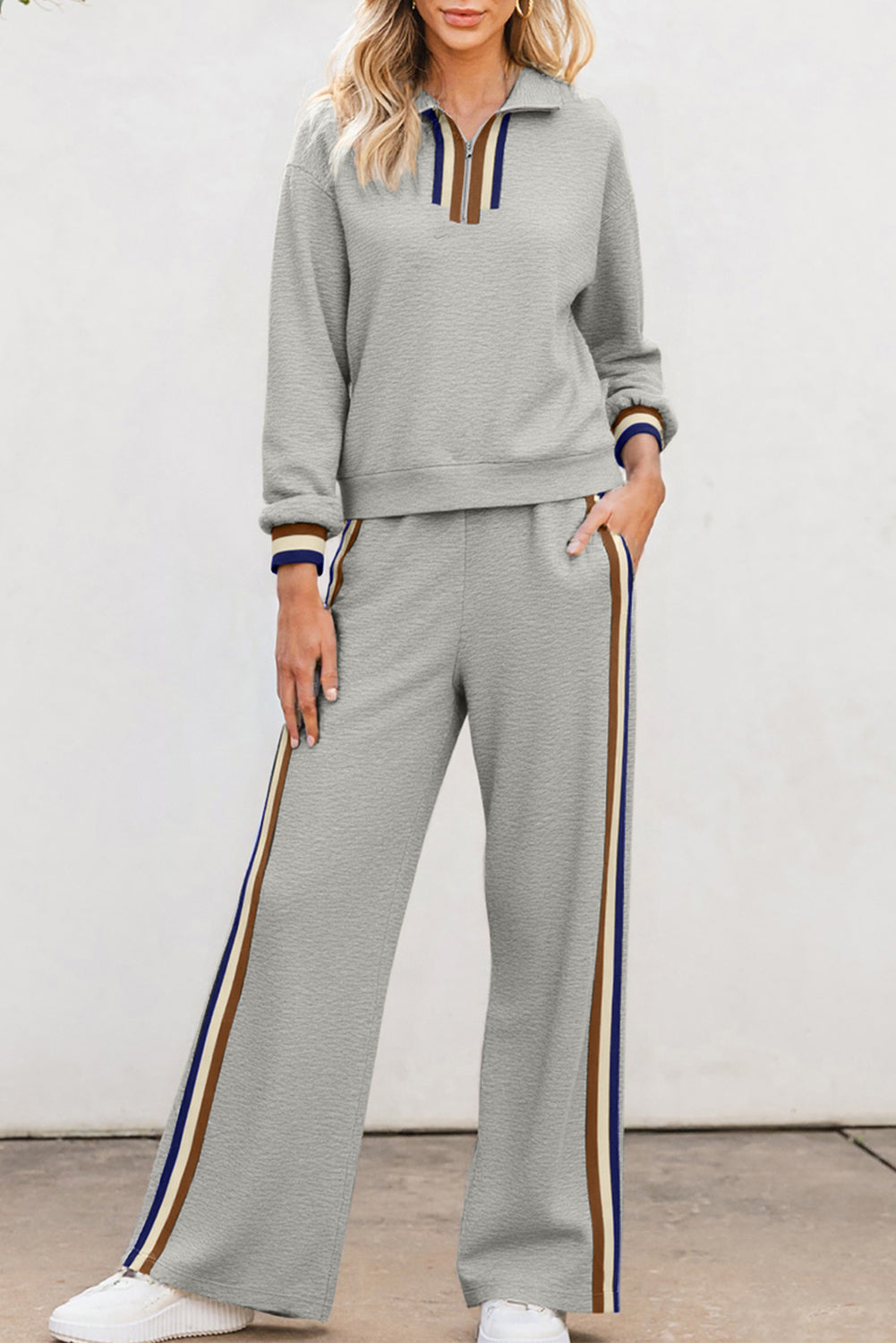 Black Striped Patchwork Quarter Zip Pullover Loose Trousers Co-ord set - eAura