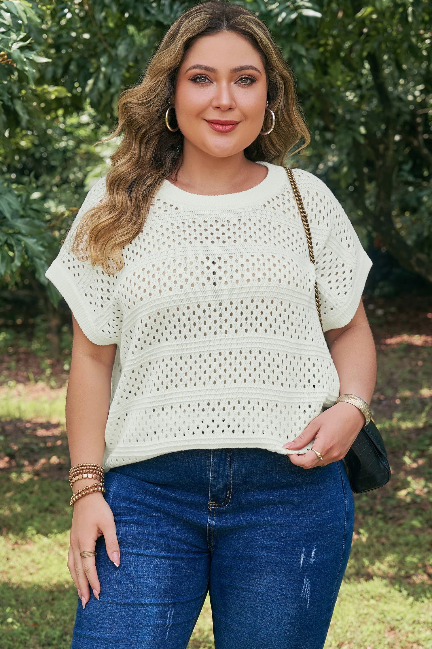 Plus Size Eyelet Hollow-Out Knit Dolman Short Sleeve Sweater