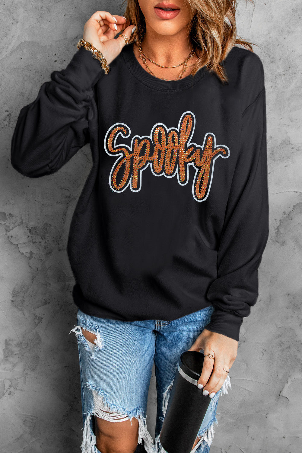Spooky Rhinestone Drop Shoulder Graphic Sweatshirt – Black