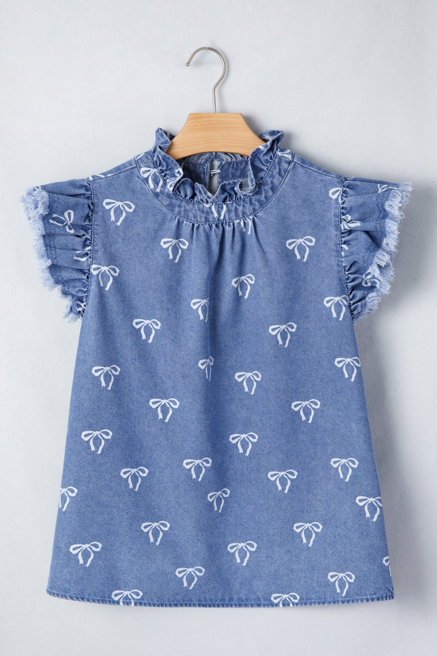 Frilled Collar Flutter Sleeve Denim Top – White