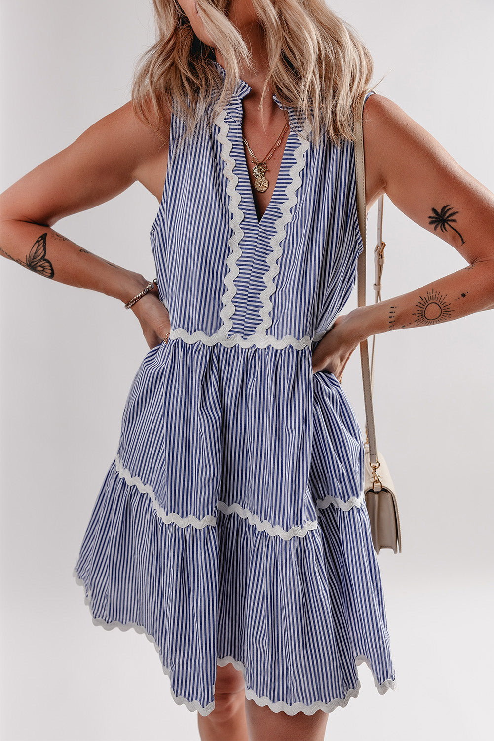 Blue Stripe Sleeveless Notched V Neck Contrast Ric Rac Mini Dress eAura