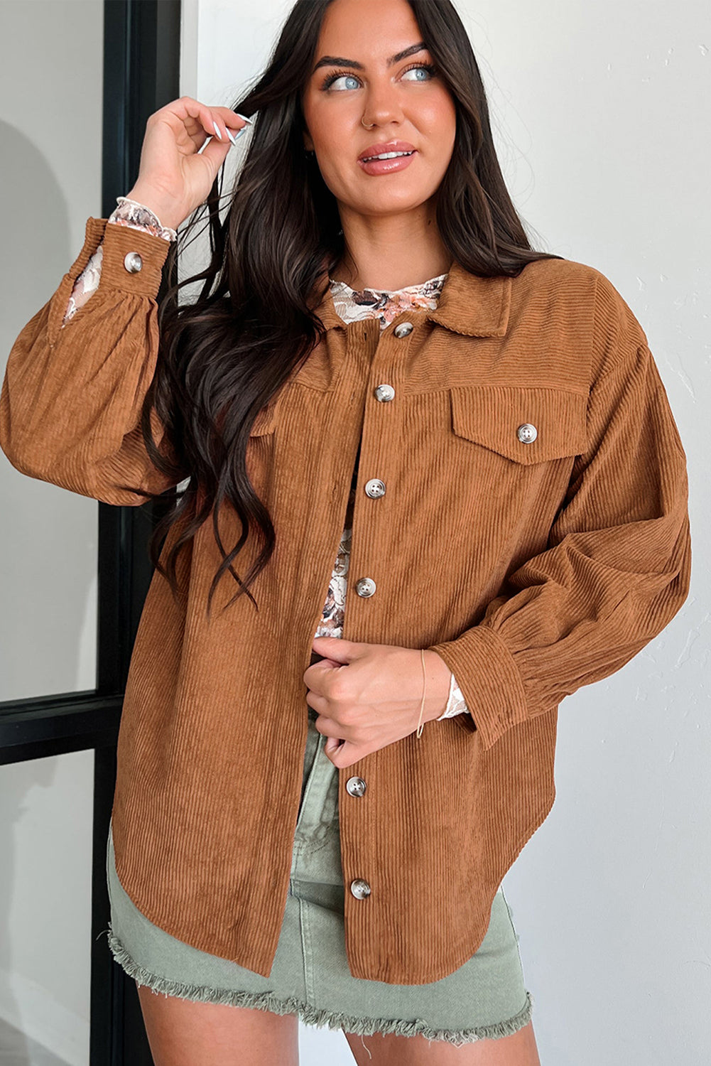 Cinnamon Corduroy Flap Pocket Button Up Round Hem Shacket eAura