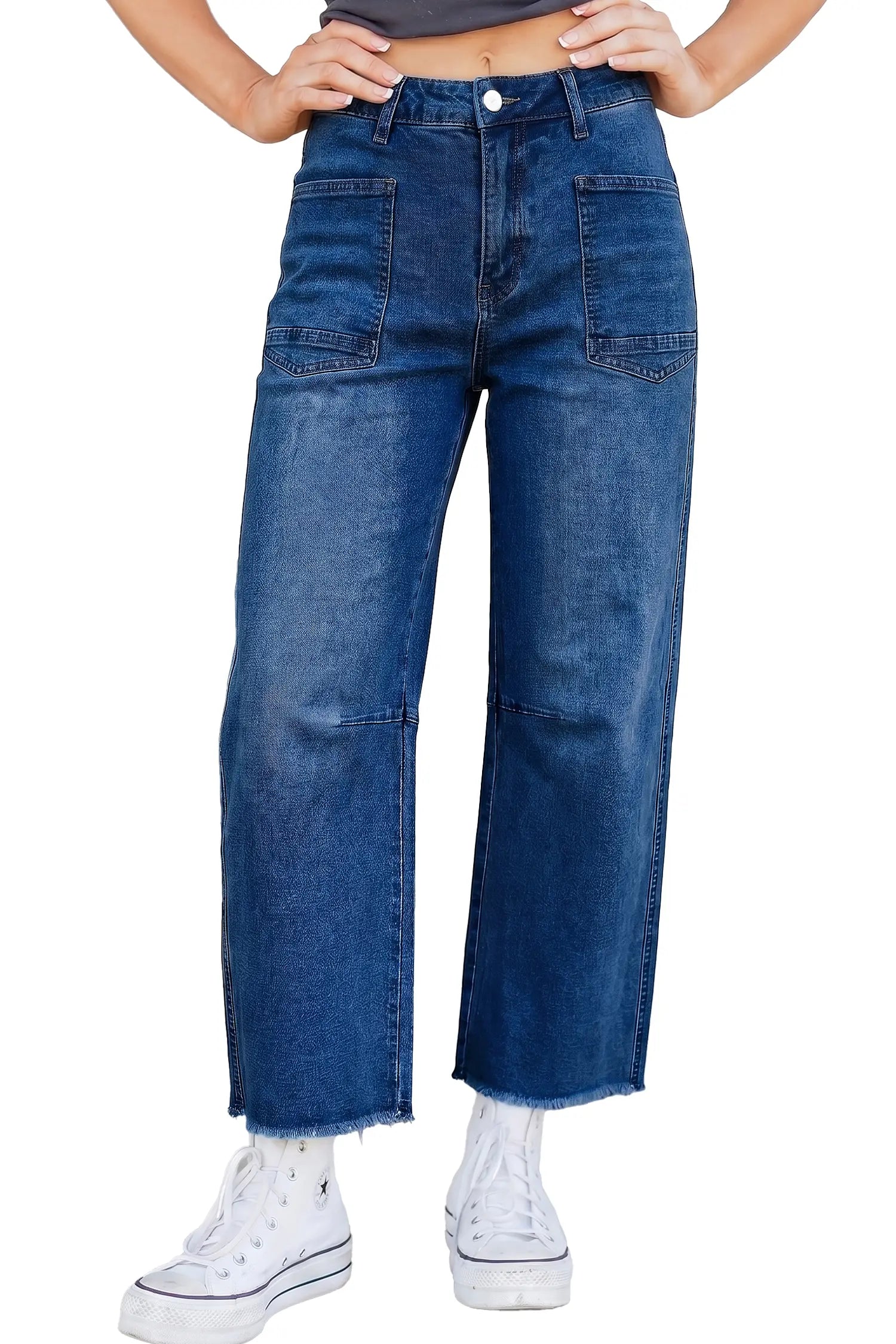 Sail Blue Frayed Cropped Barrel Jeans