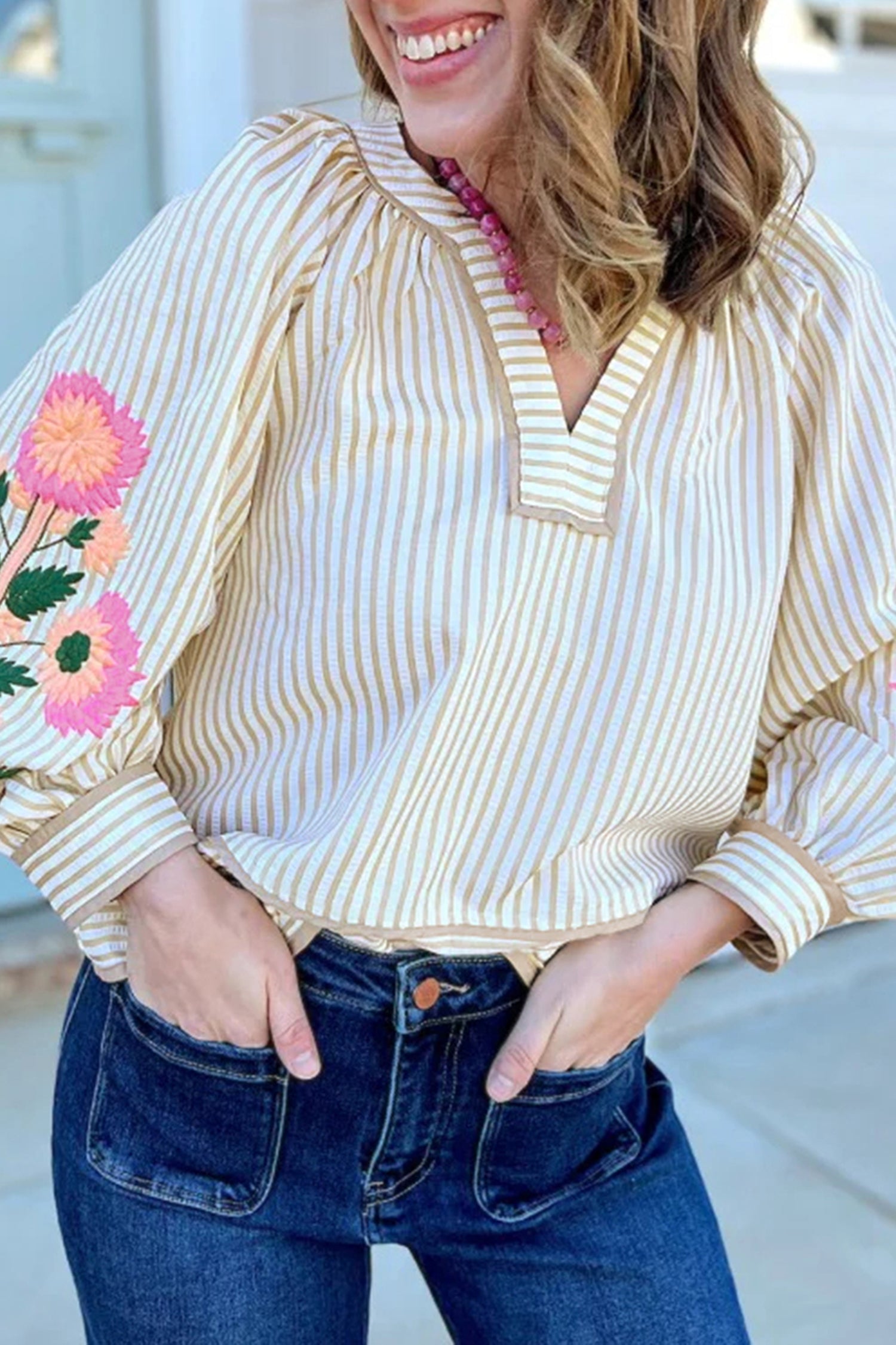 V Neck Floral Embroidered Long Sleeve Blouse – Khaki Stripe