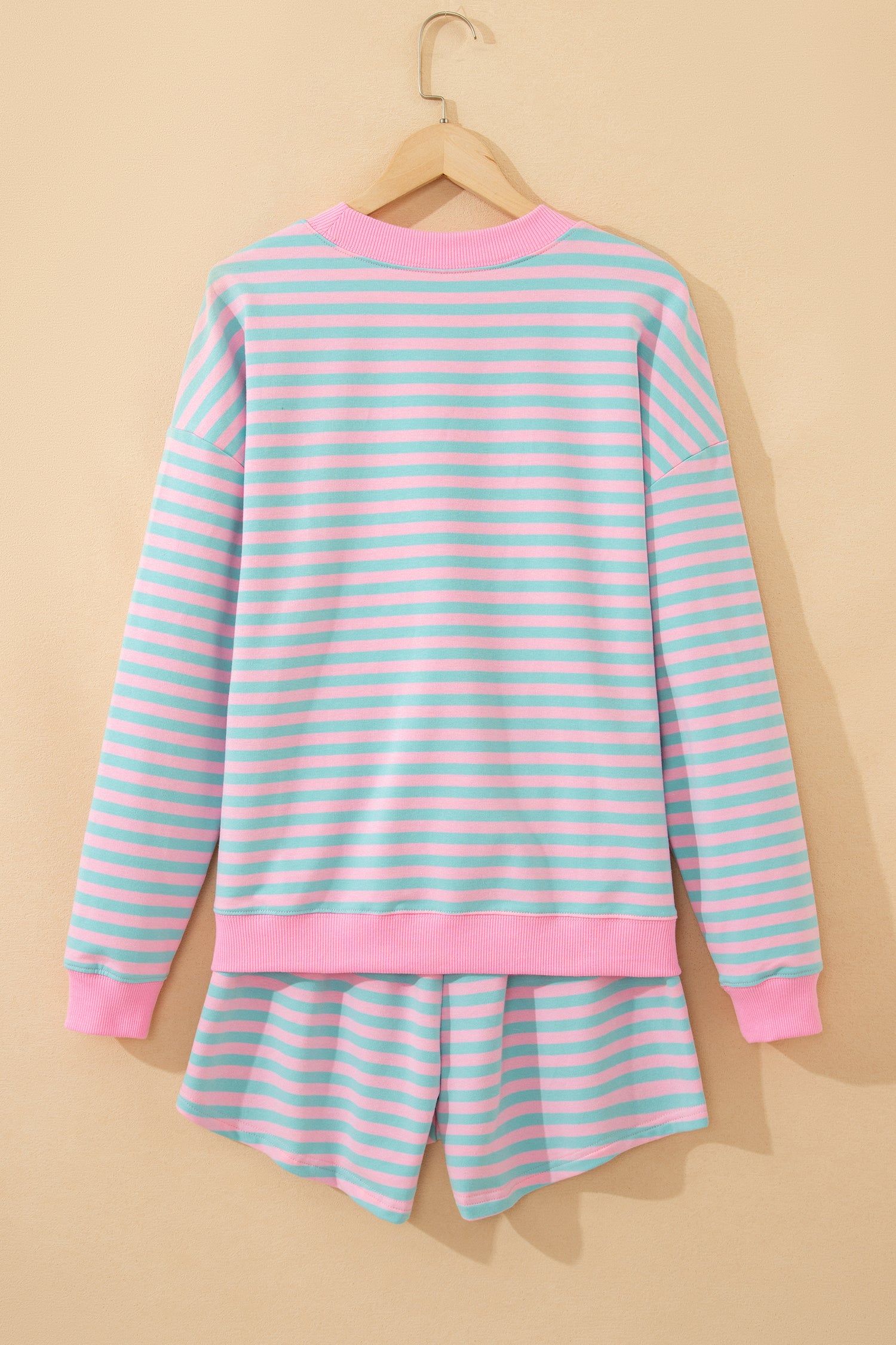 Color Block Detail Long Sleeve Pullover Elastic Waist Pull On Shorts 2pcs Set – Yellow Stripe