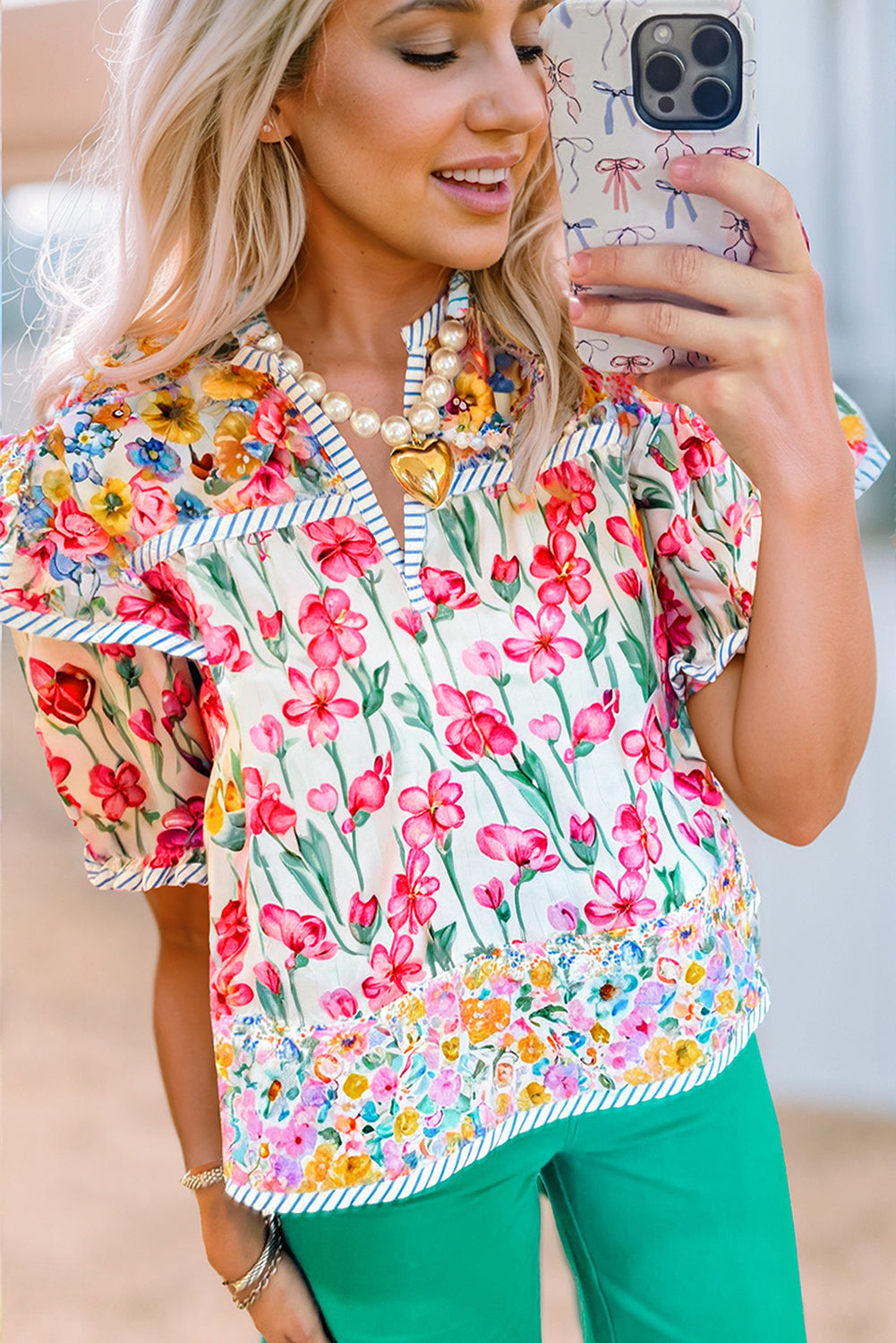 Pink Floral Print Striped Detail Split Neck Short Sleeve Blouse eAura