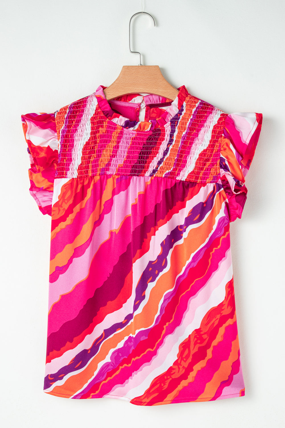 Rose Abstract Print Shirred Yoke Ruffled Blouse eAura