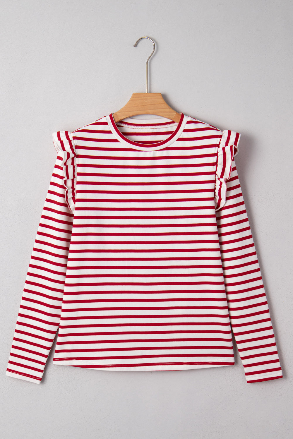 Stripe Round Neck Ruffle Trim Long Sleeve Top - eAura