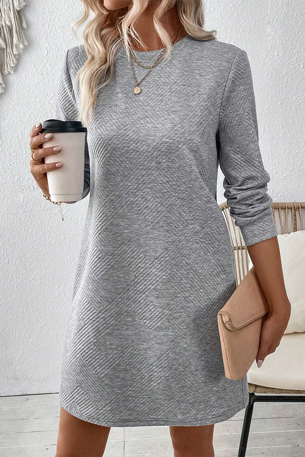 Textured Long Sleeve Shift Dress - Dresses/Mini Dresses