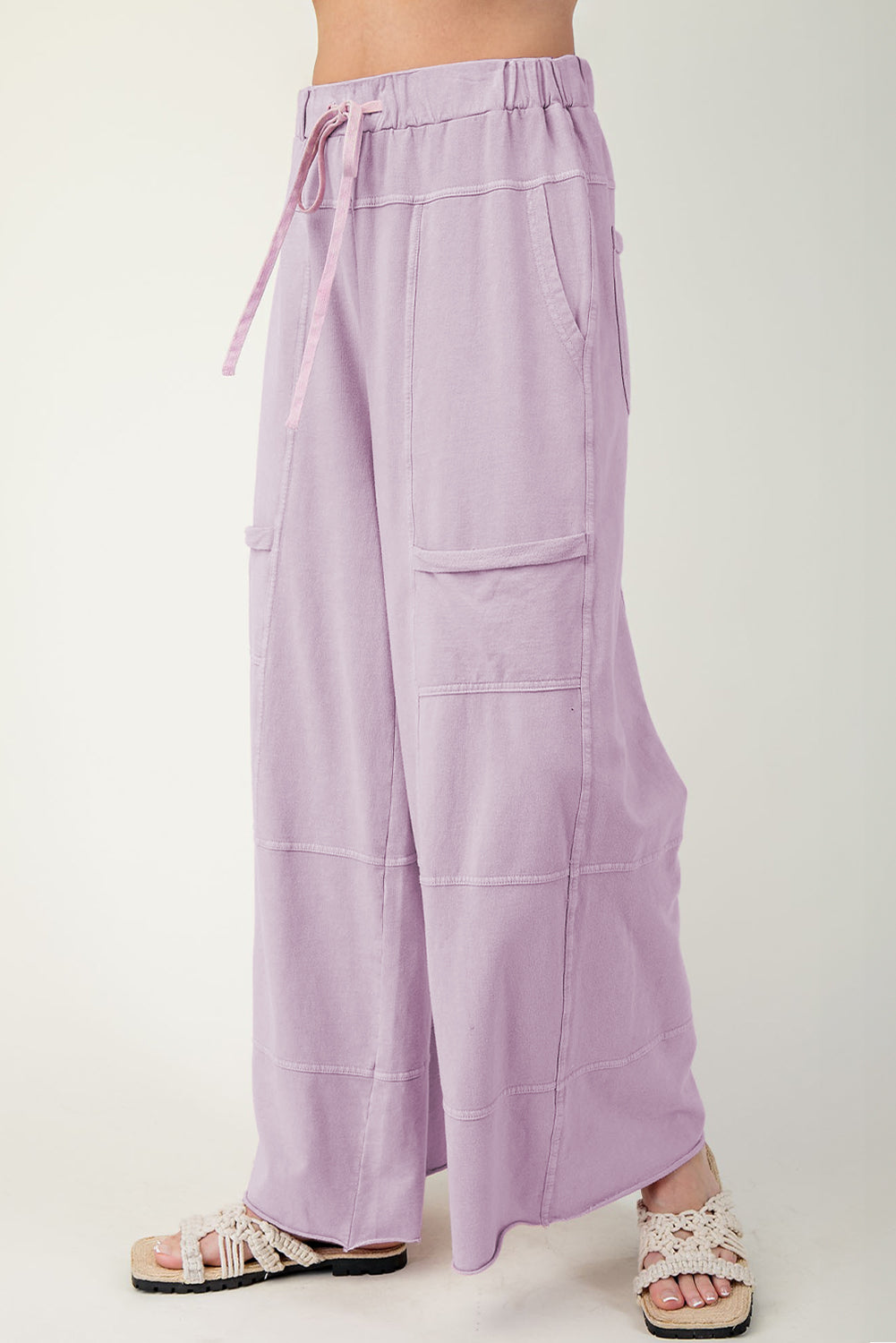 Mineral Wash Exposed Seam Drawstring High Waist Wide Leg Cargo Trousers eAura