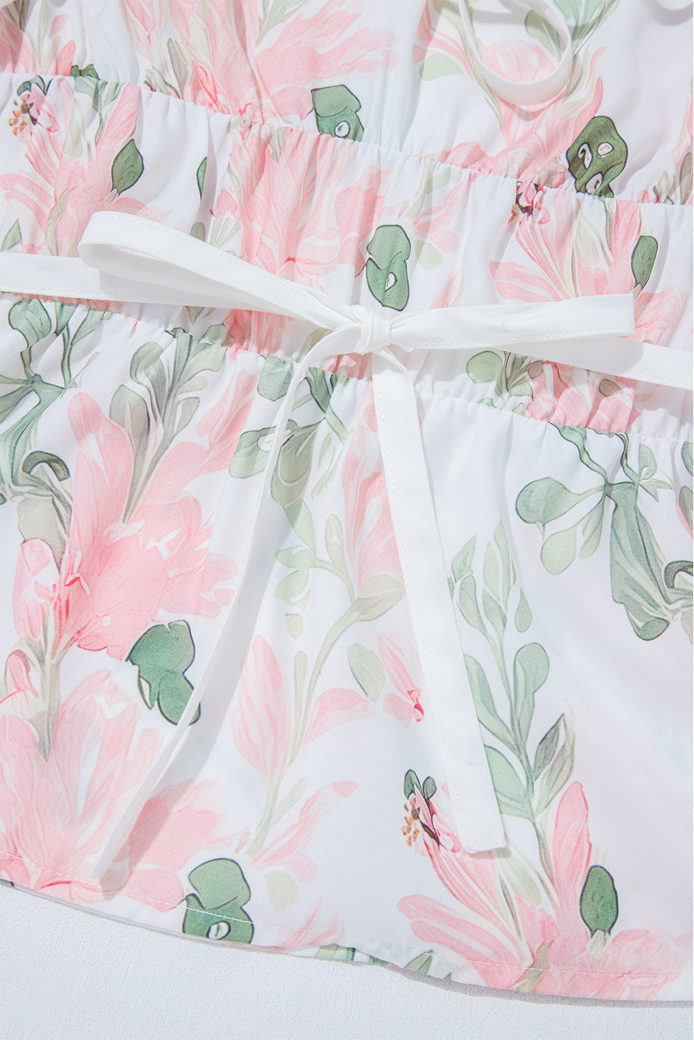 Pink Floral Puff Sleeve V Neck Tied Front Peplum Blouse eAura