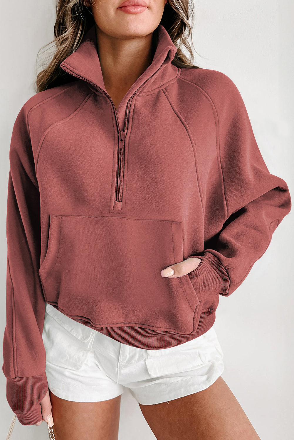 Brown Fleece Lined Zip Up Stand Collar Thumbhole Sleeve Sweatshirt eAura