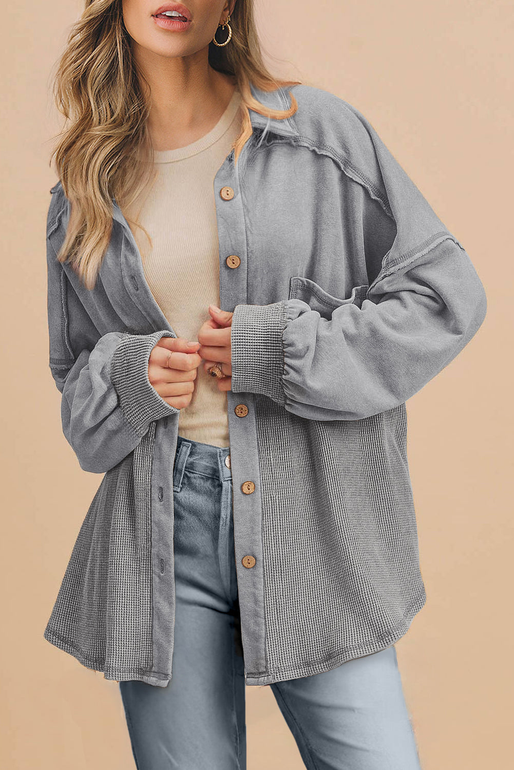 Medium Grey Waffle Textured Exposed Seam Oversized Shacket - eAura