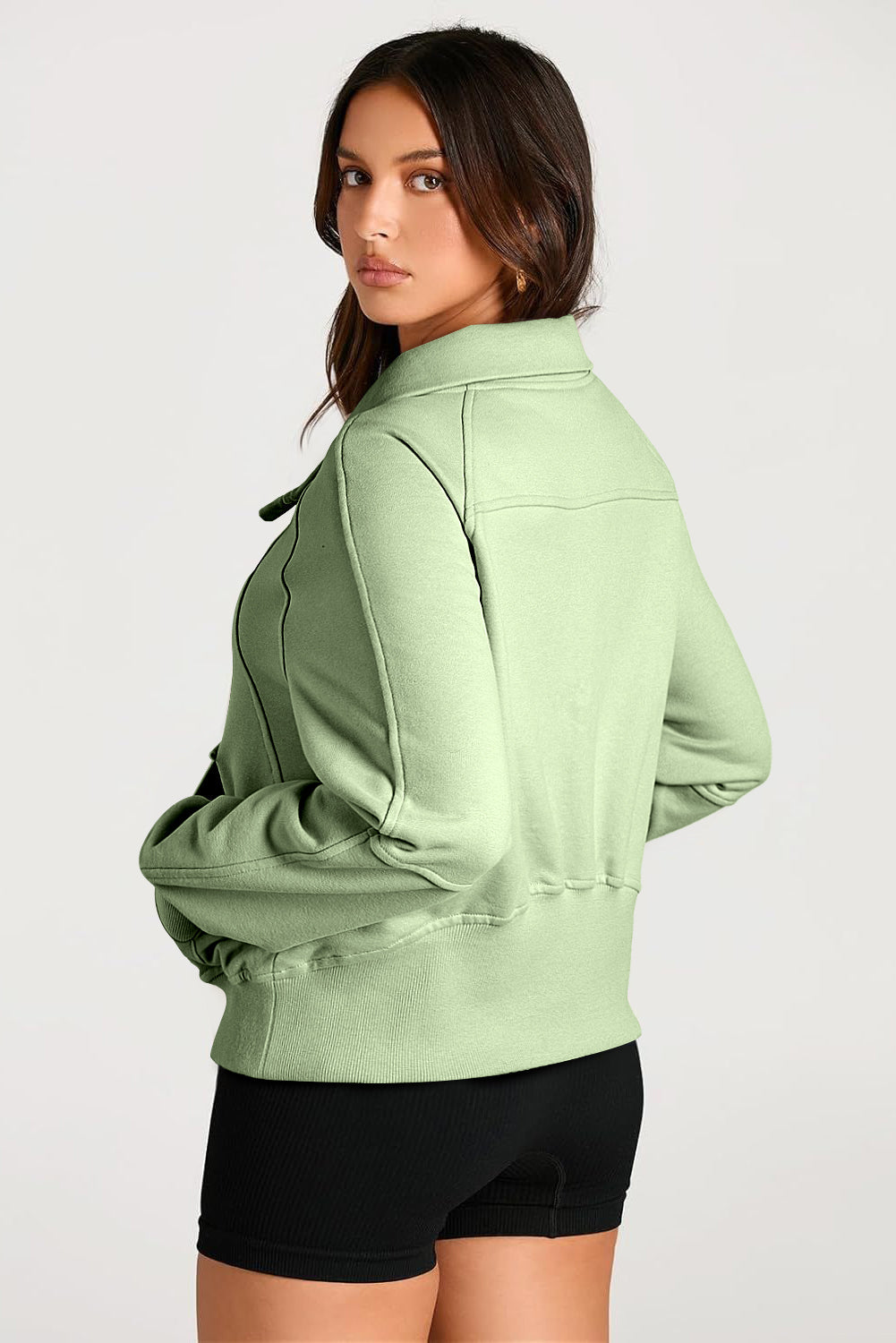 Smoke Green Quarter Zip Stand Neck Kangaroo Pocket Sweatshirt eAura