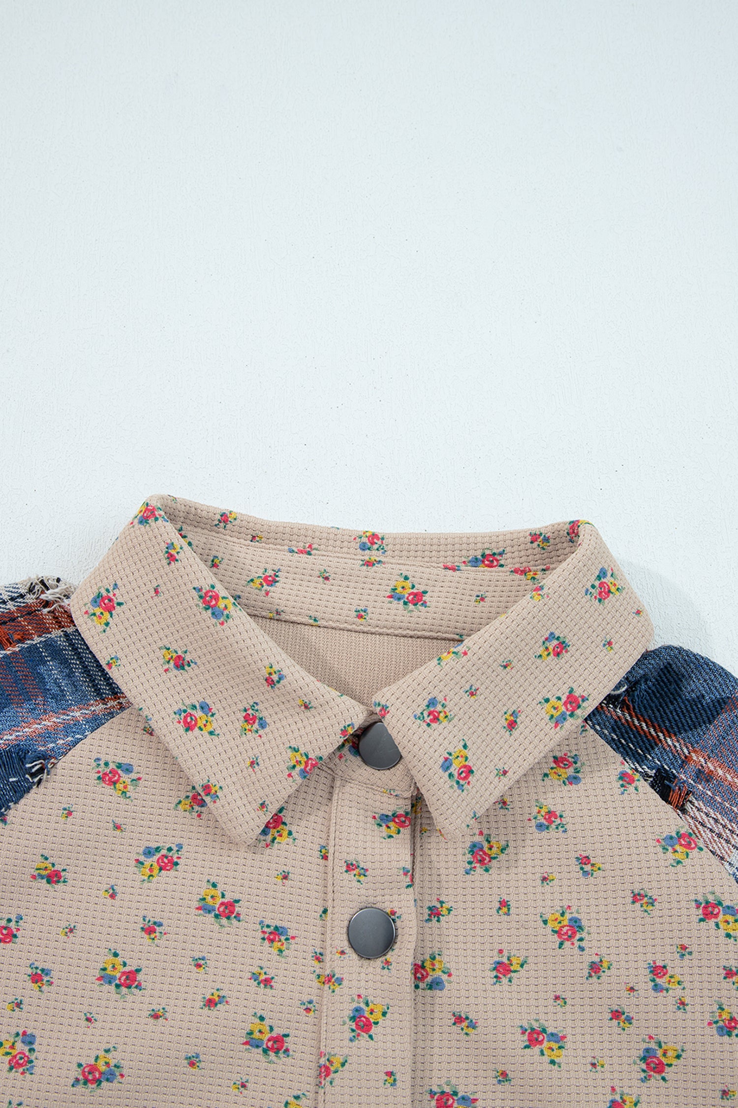 Boho Floral Plaid Patchwork Distressed Detail Ruffled Sleeve Waffle Shacket - Outerwear/Jackets