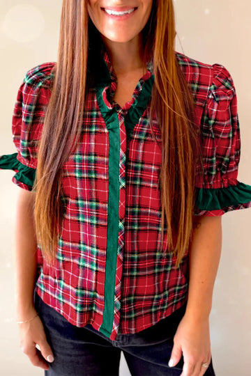 Plaid V Neck Ruffle Colour Block Trim Short Sleeve Shirt