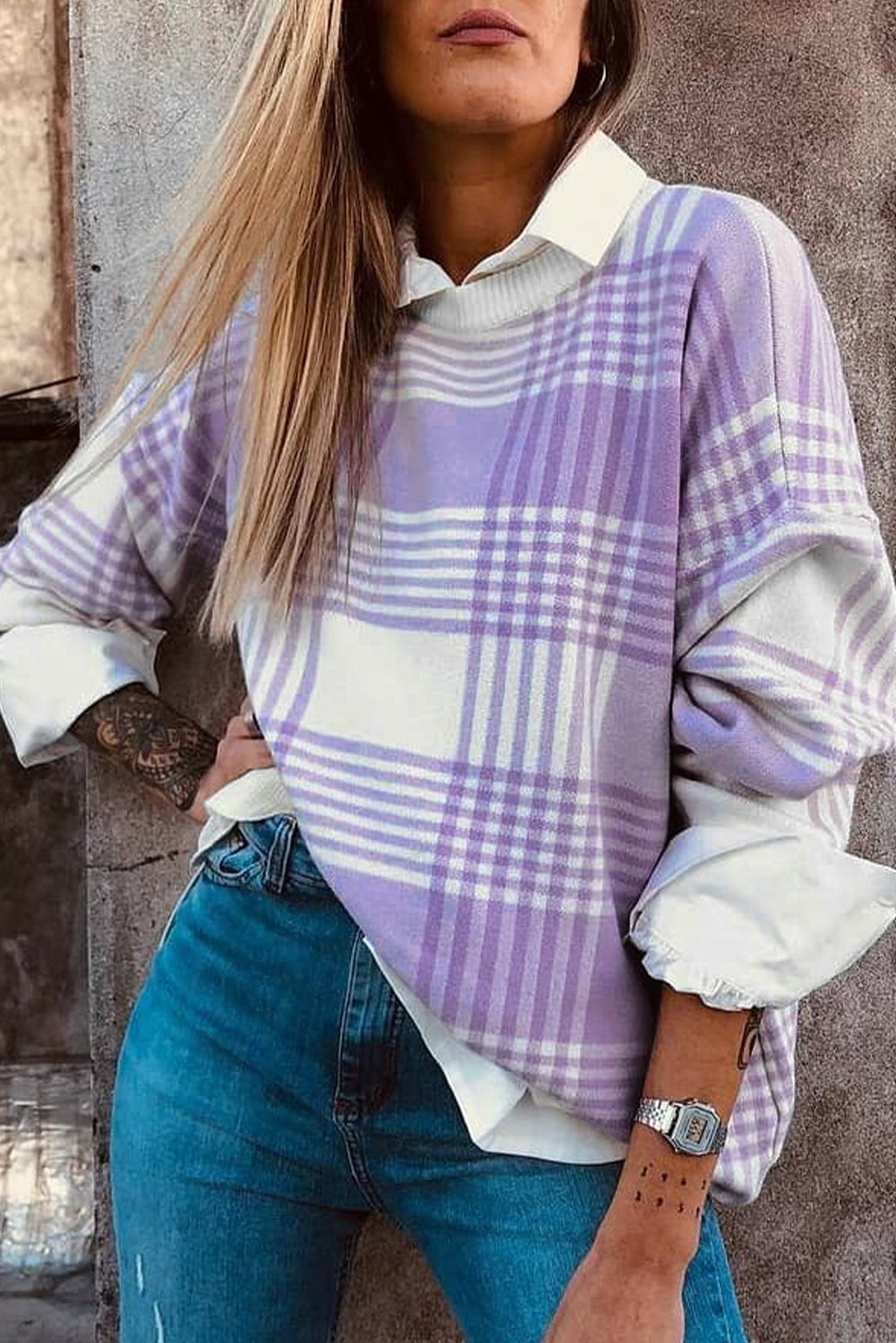 Lilac Plaid Print Ribbed Trim Loose Sweater eAura