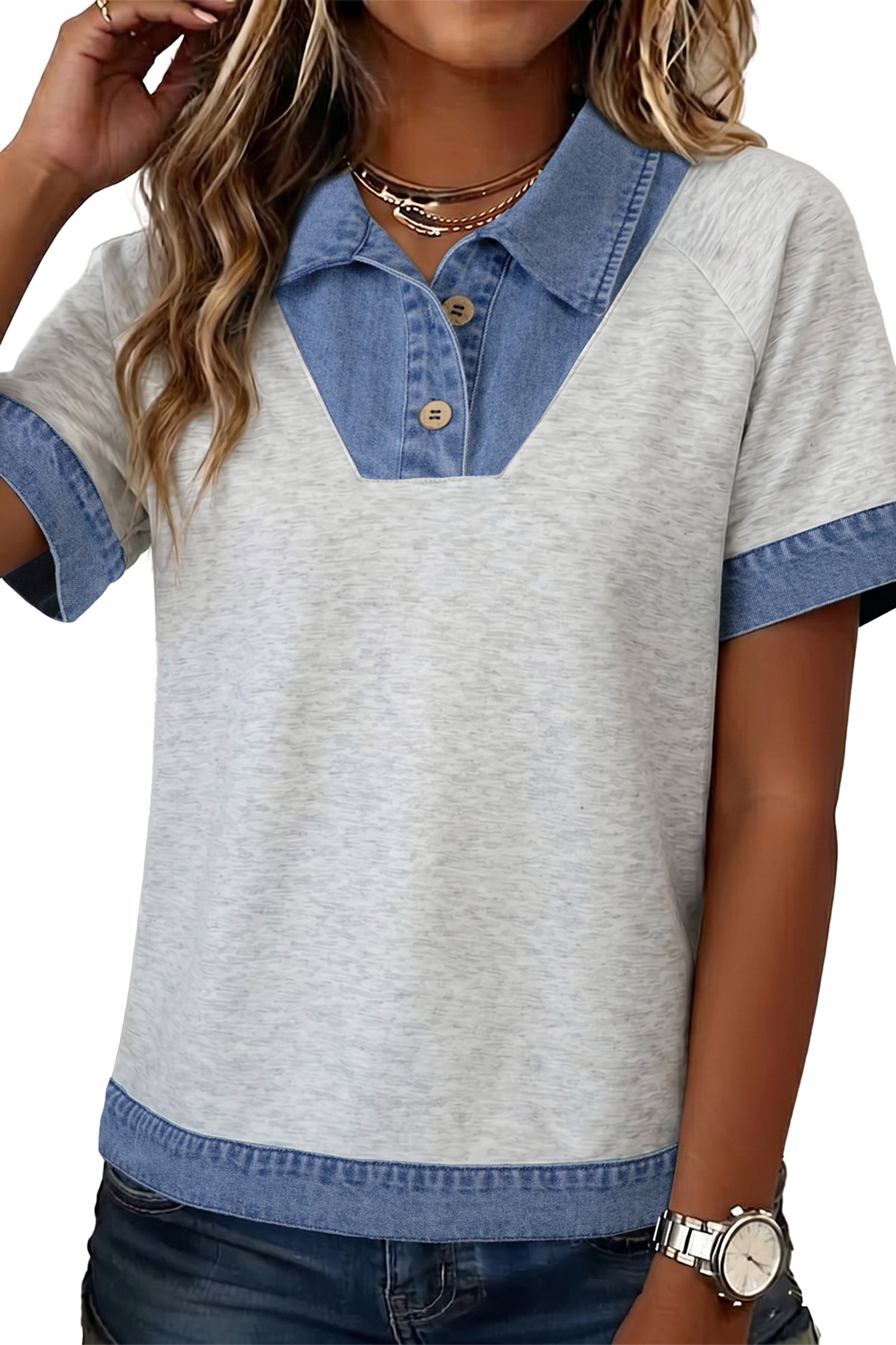 Denim Contrast Collar Cuffed Short Sleeve Top – Light Grey