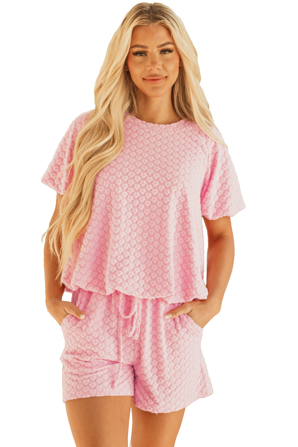 Coral Paradise Daisy Jacquard Textured Casual Short Co-ord Set eAura