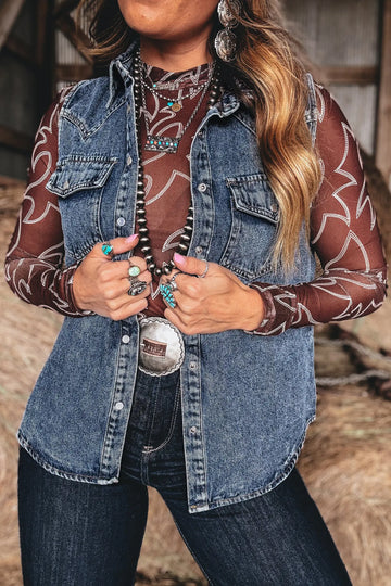 Ashleigh Blue Solid Denim Button Front Pocket Sleeveless Cowboy Vest – Dark Blue