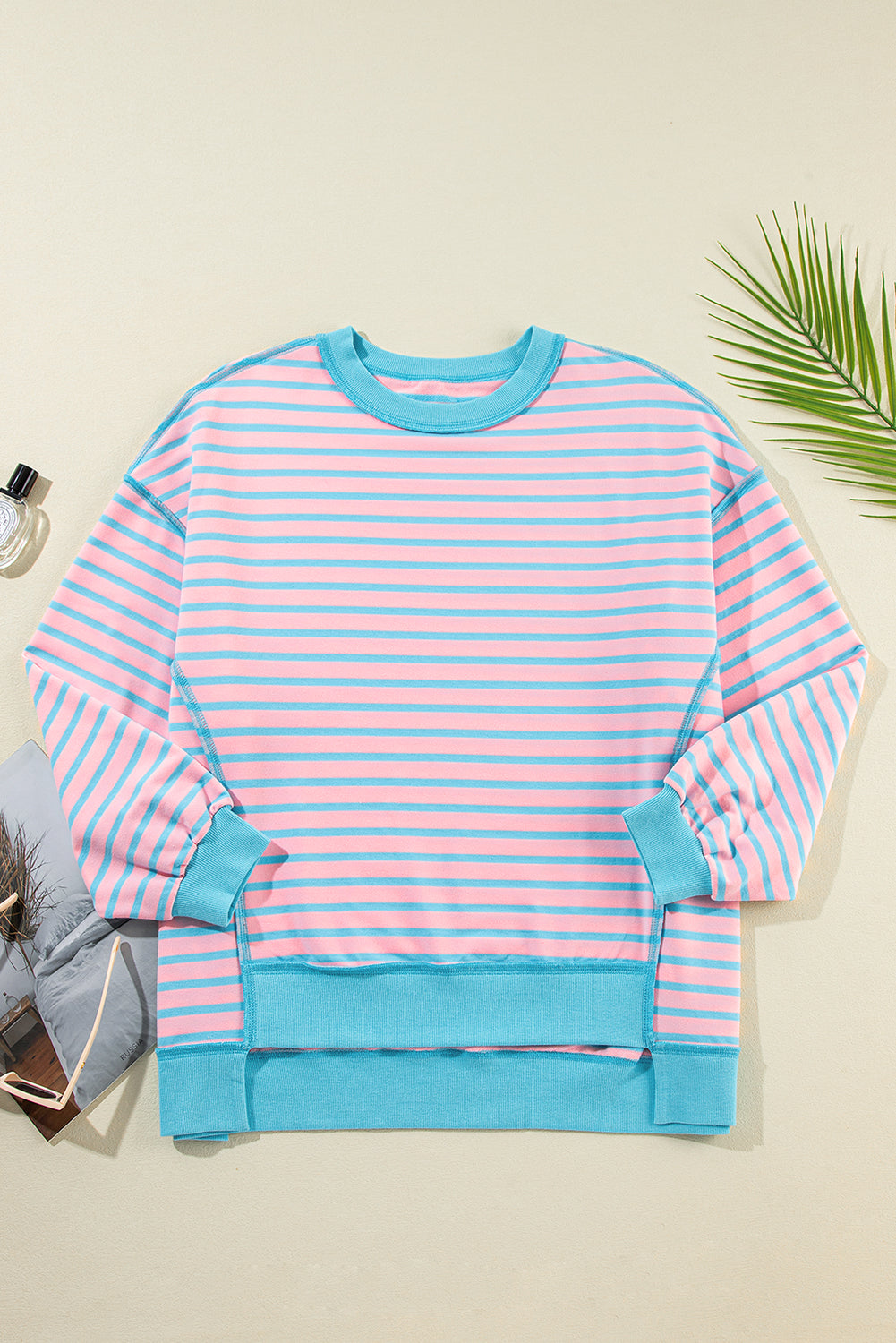 Pink Stripe Contrast Trim High Low Pullover Tunic Sweatshirt eAura