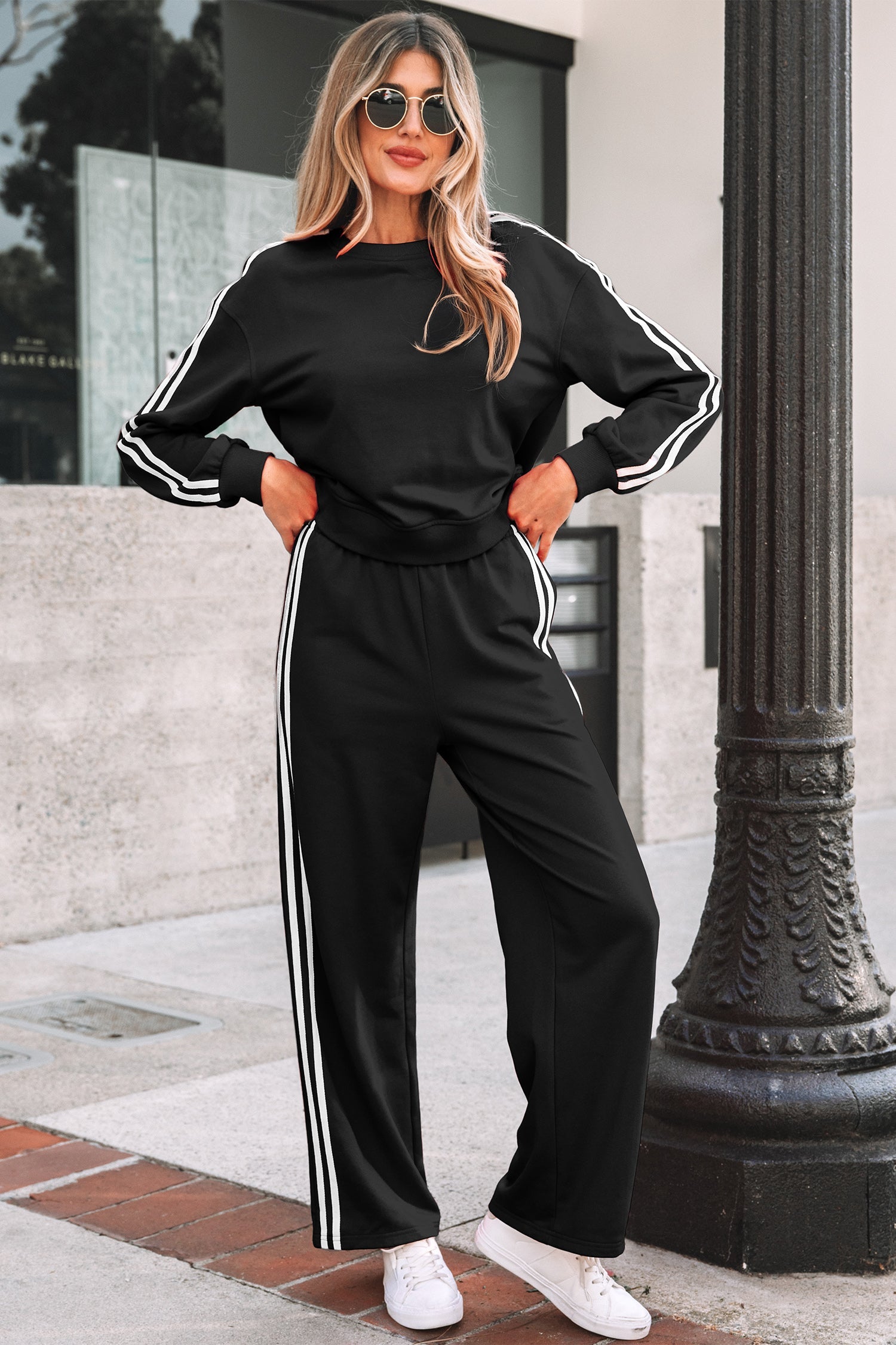 Varsity Striped Detail Crewneck Pullover Elastic Sweatpants 2pcs Co-ord - Two Piece Sets/Pant Sets