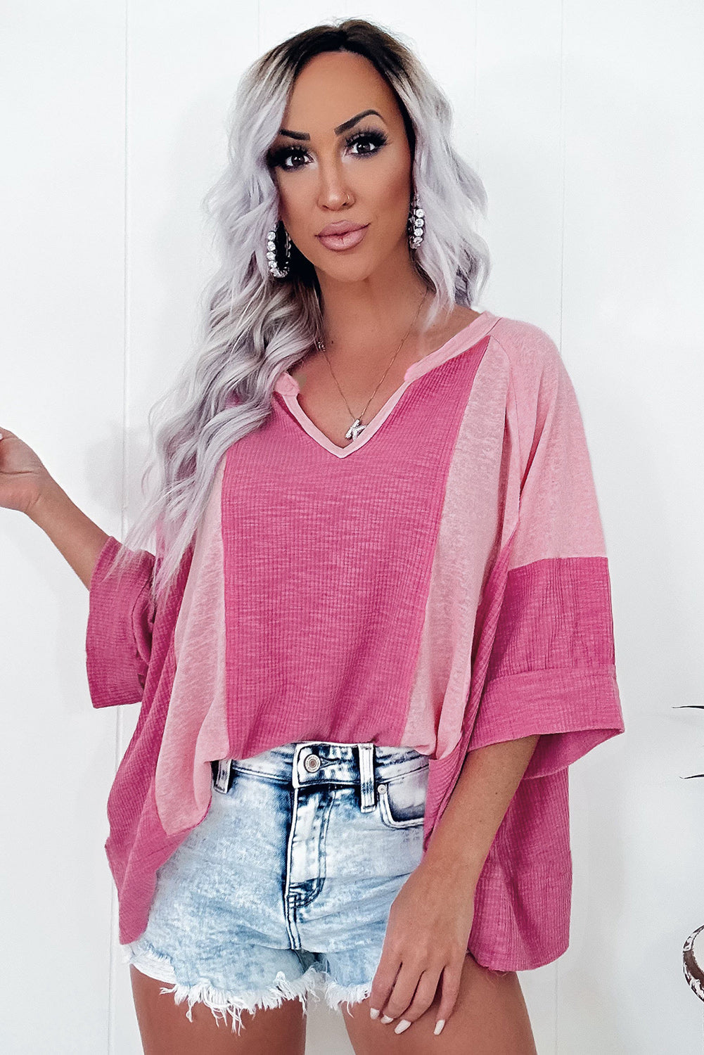 Bright Pink Textured Colourblock 3/4 Sleeve Oversize Top Beagle Boutique Fashion Outlet