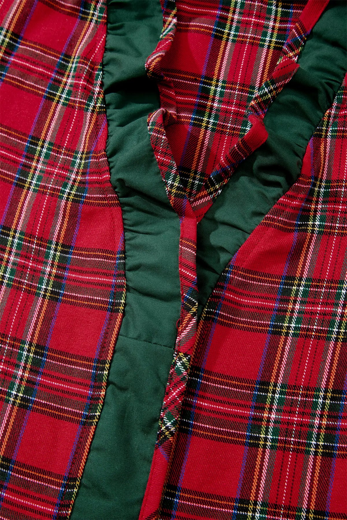 Plaid V Neck Ruffle Colour Block Trim Short Sleeve Shirt