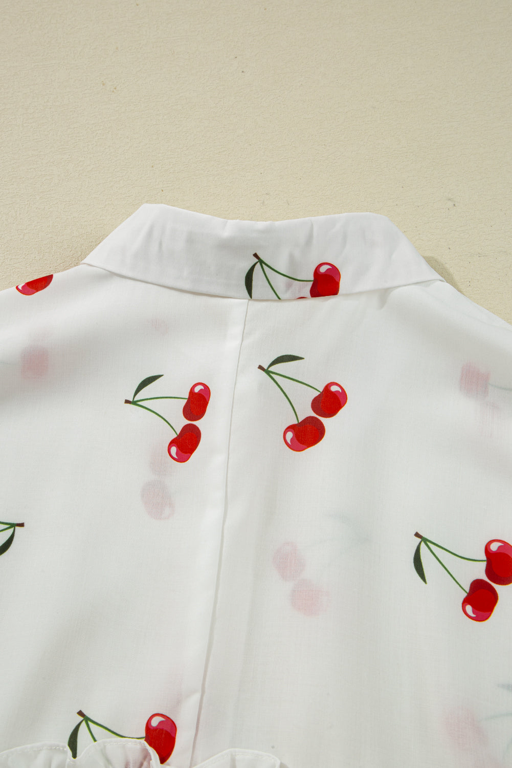 White Cherry Print Collared Frilled Babydoll Blouse - eAura