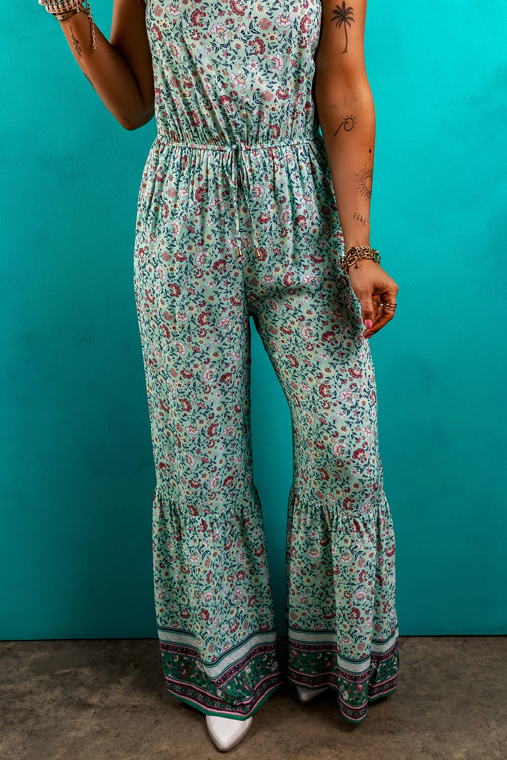 Bohemian Floral Ruffle Bottom Spaghetti Strap Jumpsuit eAura
