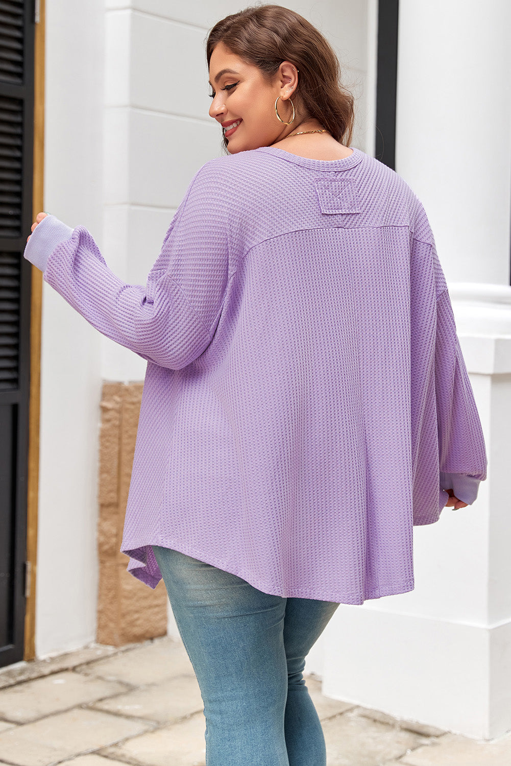 Orchid Petal Plus Size Waffle Knit Exposed Seam Flowy Top BB Fashion Outlet