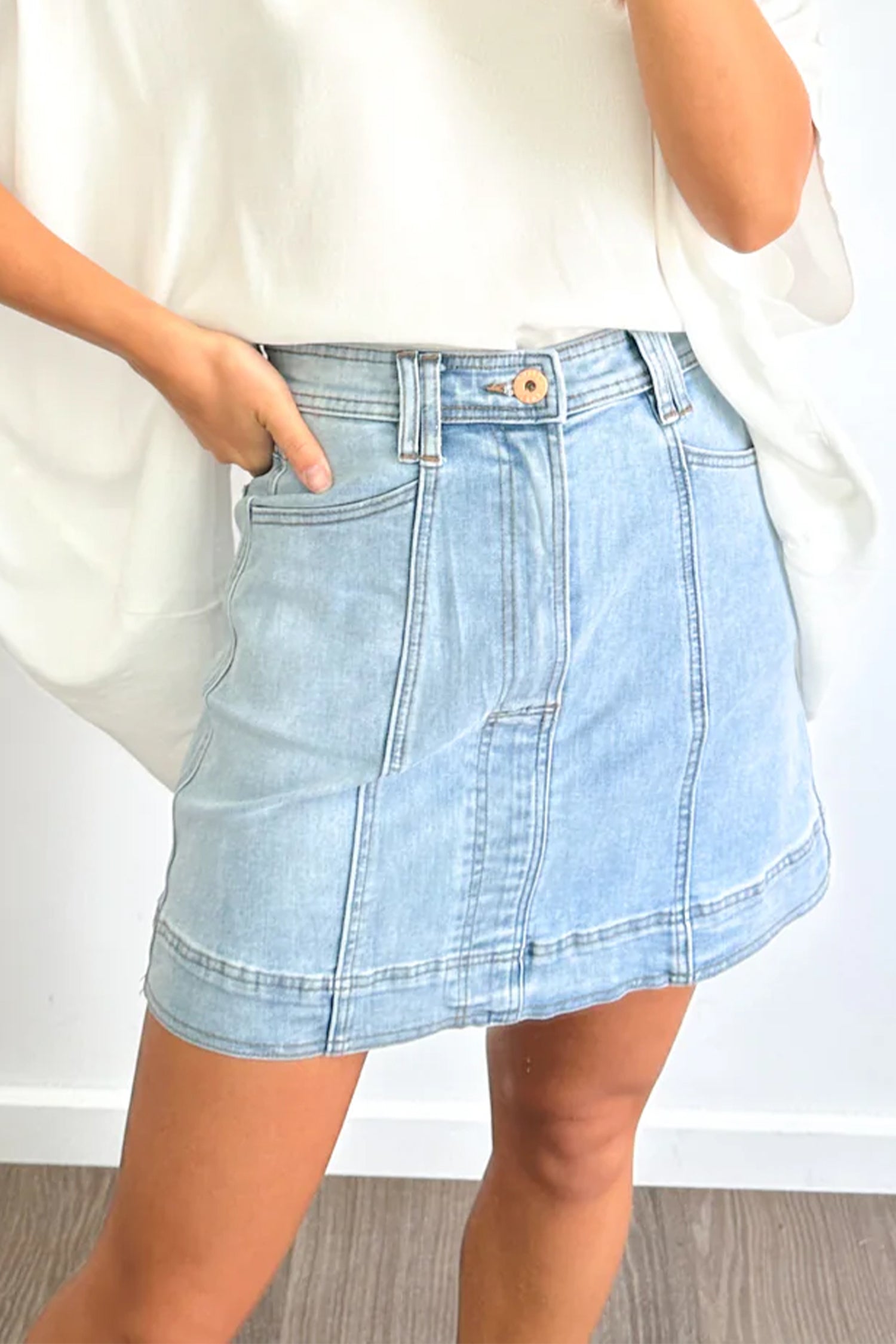 Exposed Seam Detail Denim Mini Skirt with Pockets