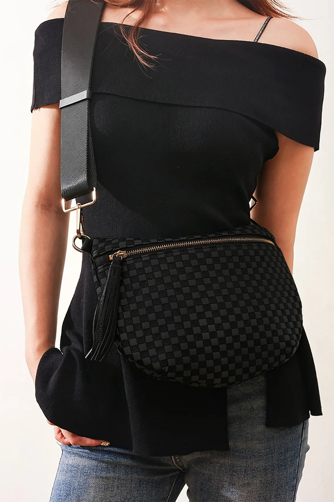 Checkered Woven PU Leather Large Crossbody Bag