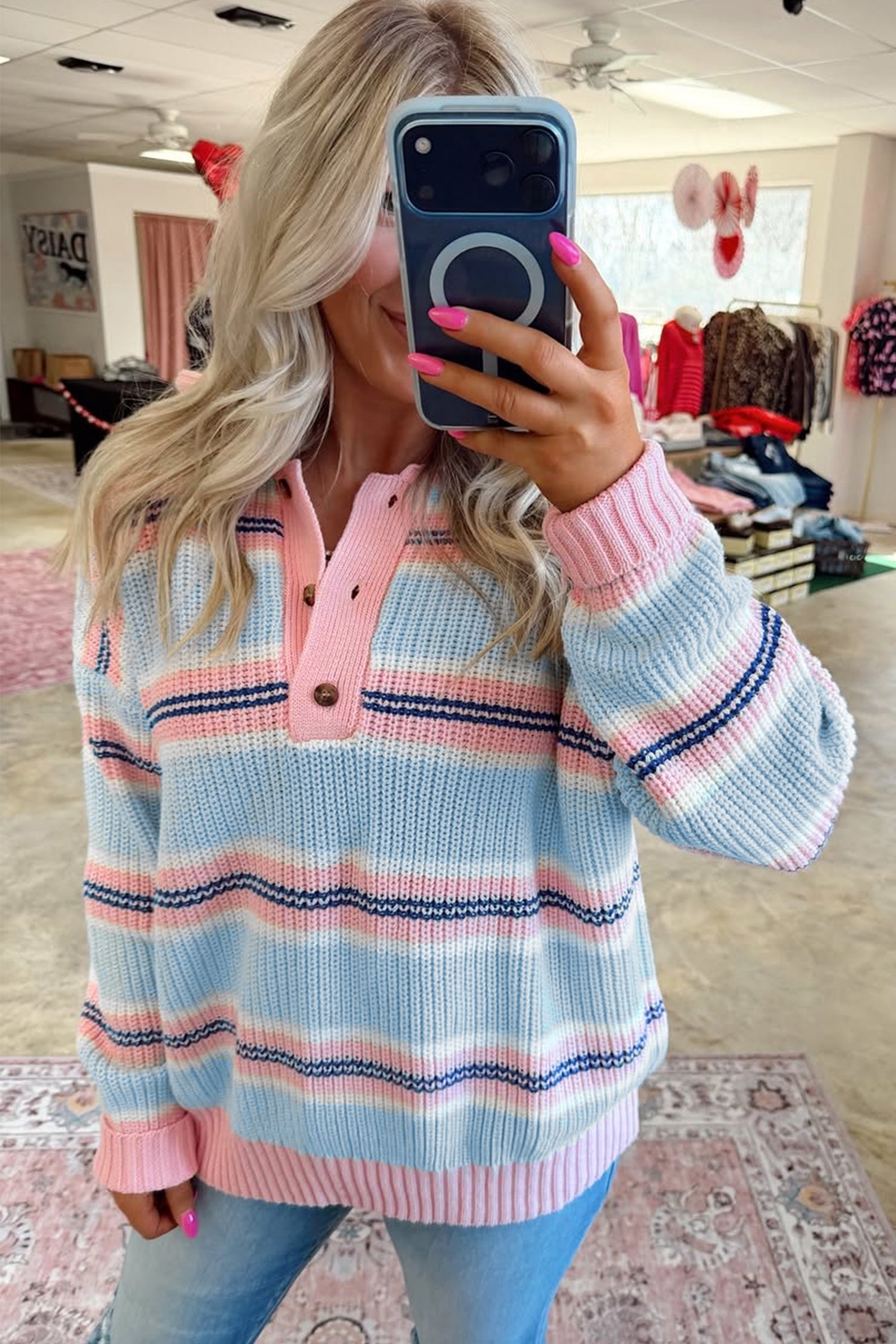 Striped Button Collar Long Sleeve Shift Fit Winter Knitwear Sweater – Sky Blue Stripe