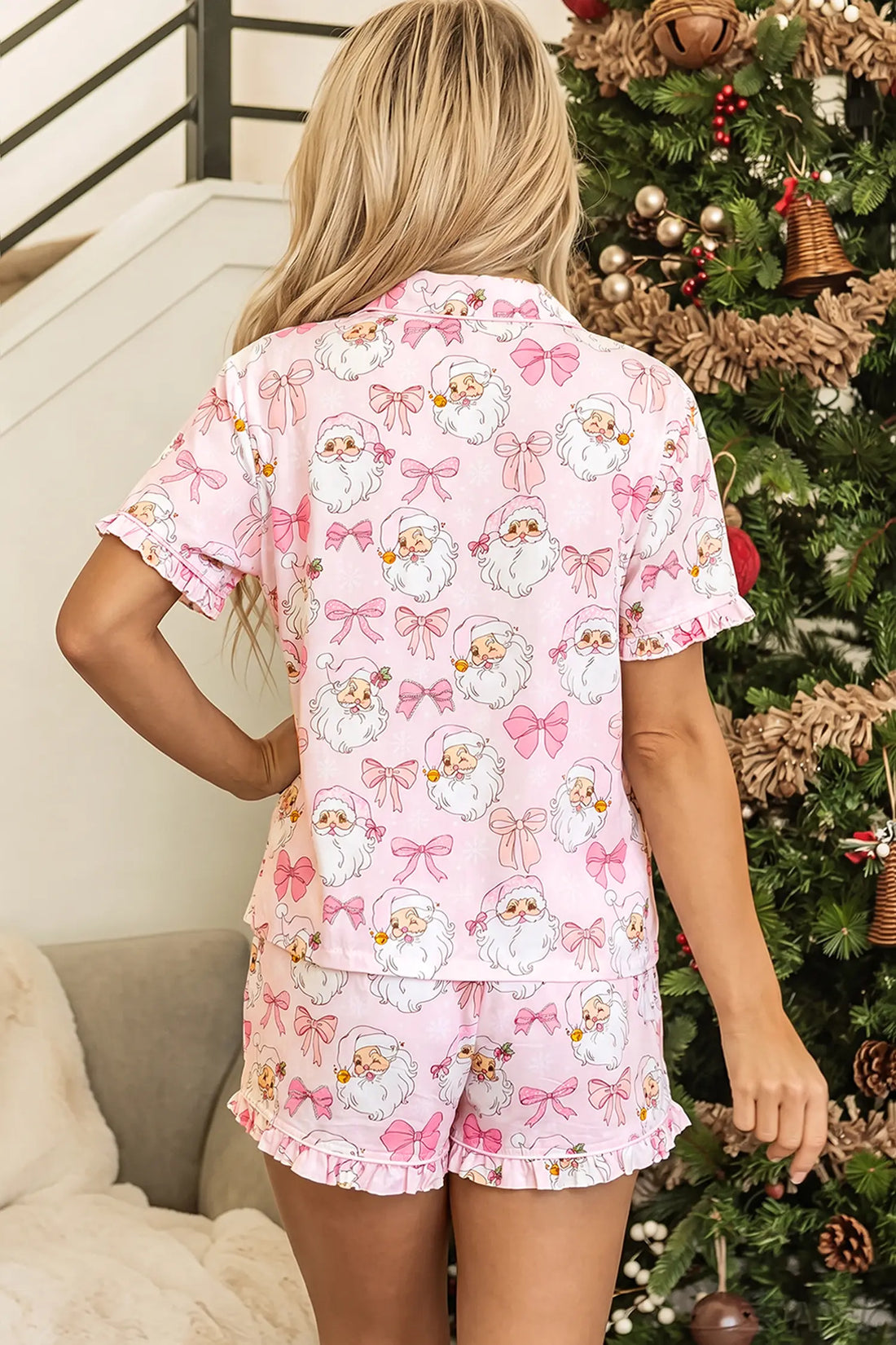 Santa Print Paneling Shift Silhouette Short Sleeve Lounge Set