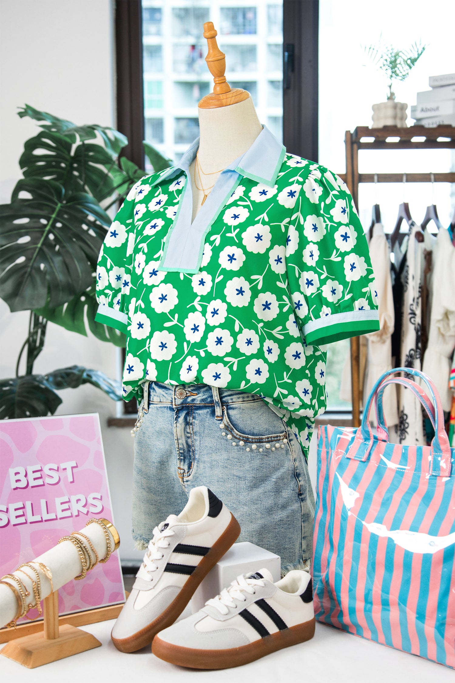 Flower Printed Contrast Patchwork Collar Short Sleeve Blouse – Green
