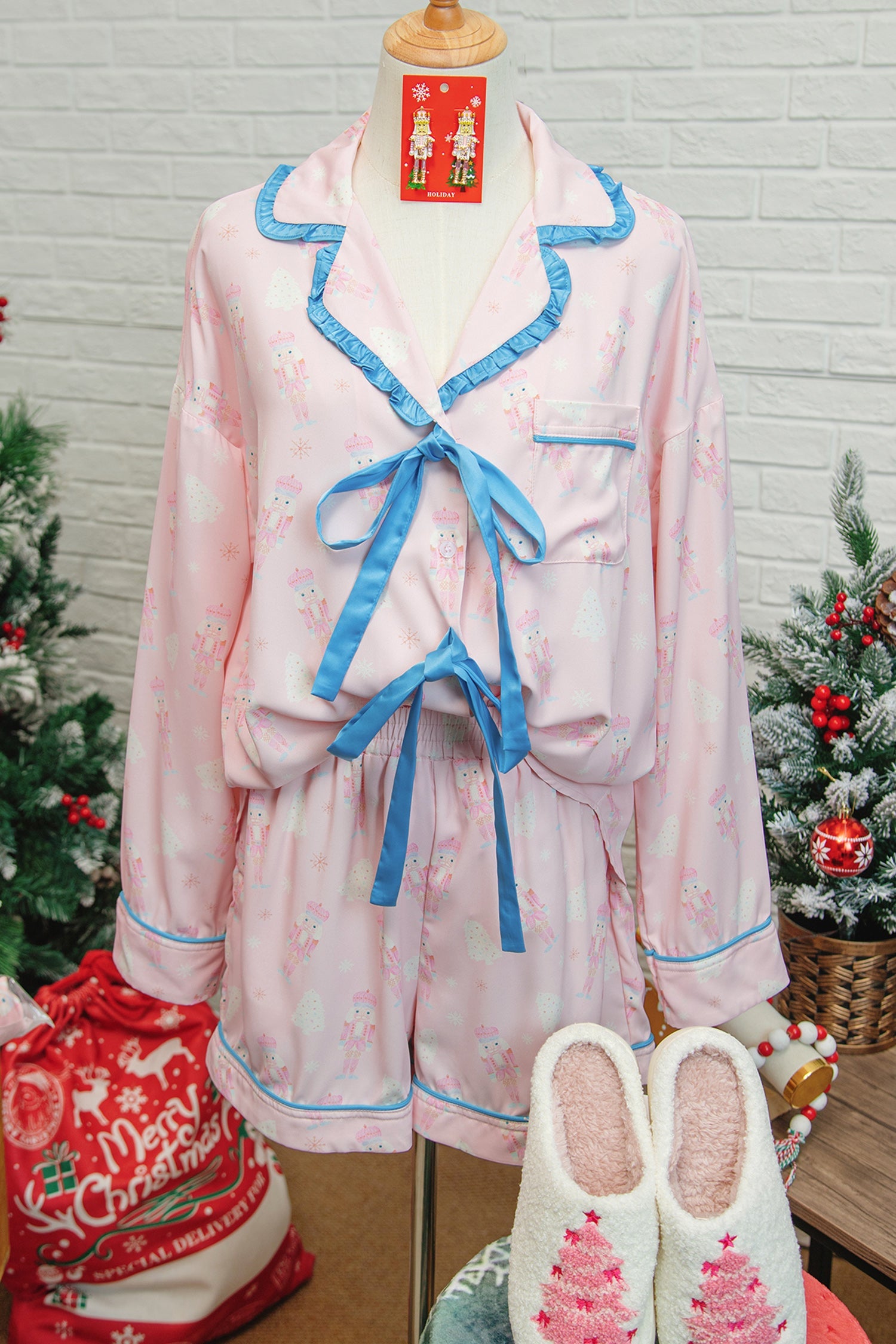 Bow Tie Front Christmas Nutcracker Long Sleeve Shirt Shorts Pajama Set - Loungewear & Sleepwear/Sleepwear