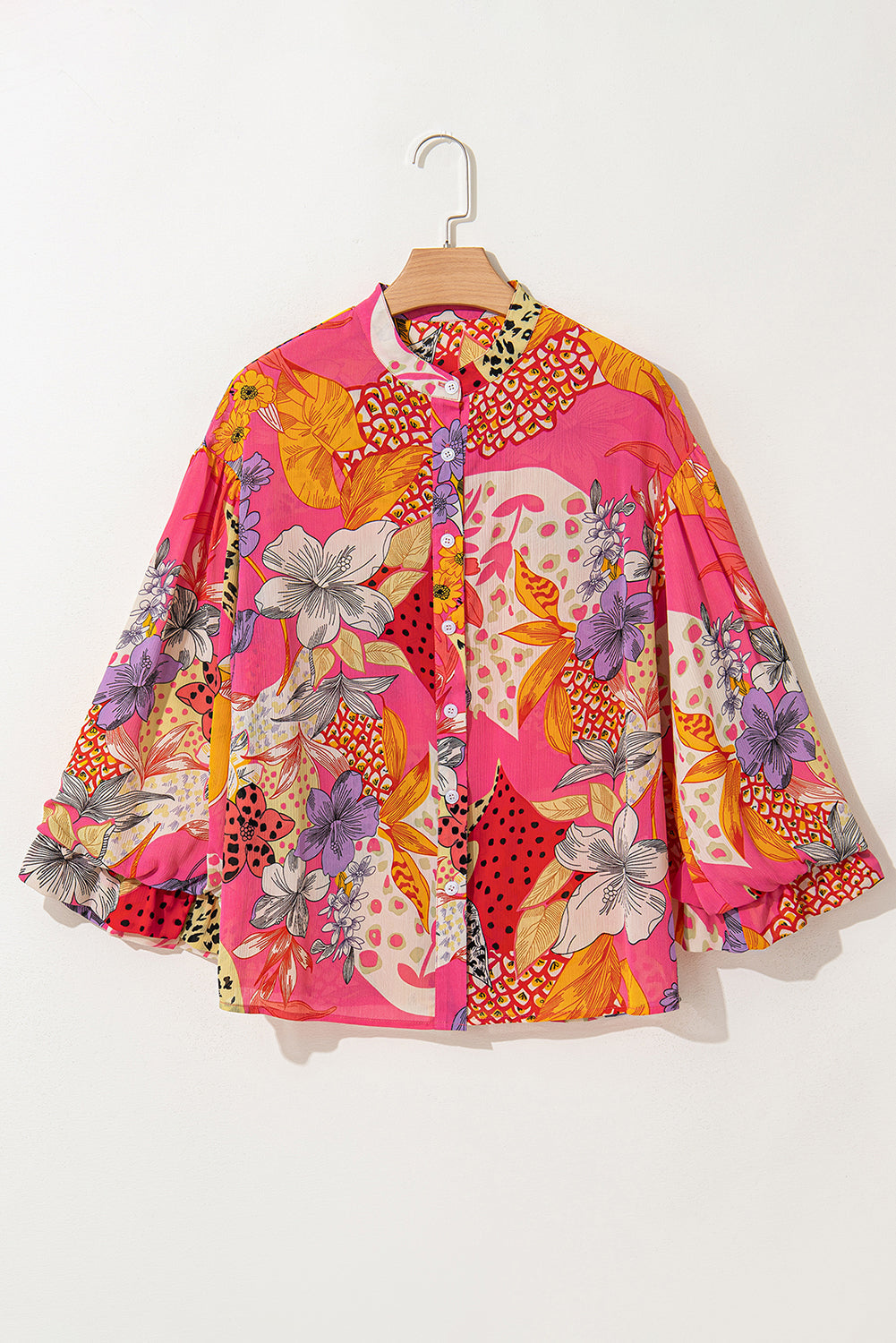 Red Abstract Floral Print Buttoned Ruffled Bubble Sleeve Shirt Beagle Boutique Fashion Outlet
