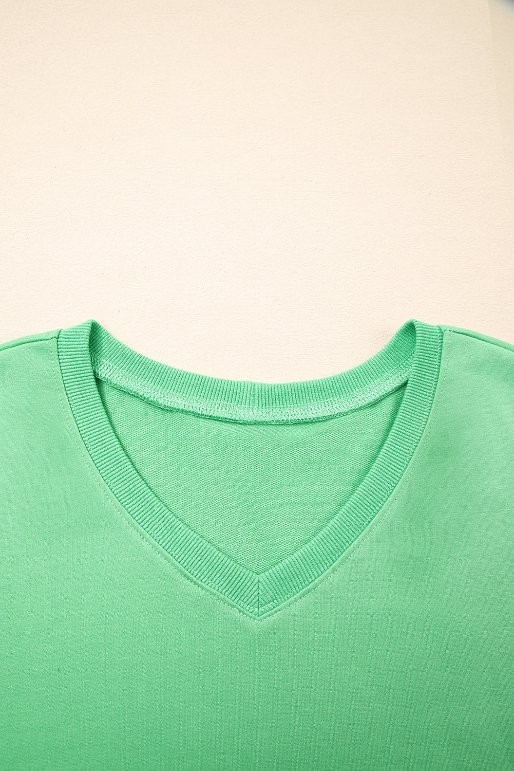 Mint Green V Neck Drop Shoulder Tee and Patchwork Drawstring Shorts Set eAura