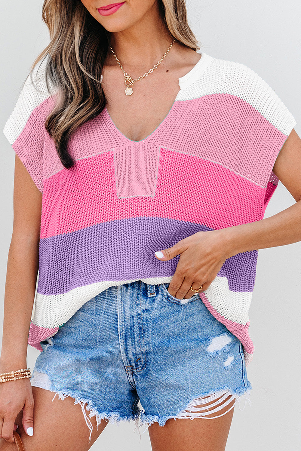 Pink Color Block Notch V Neck Sweater T Shirt eAura