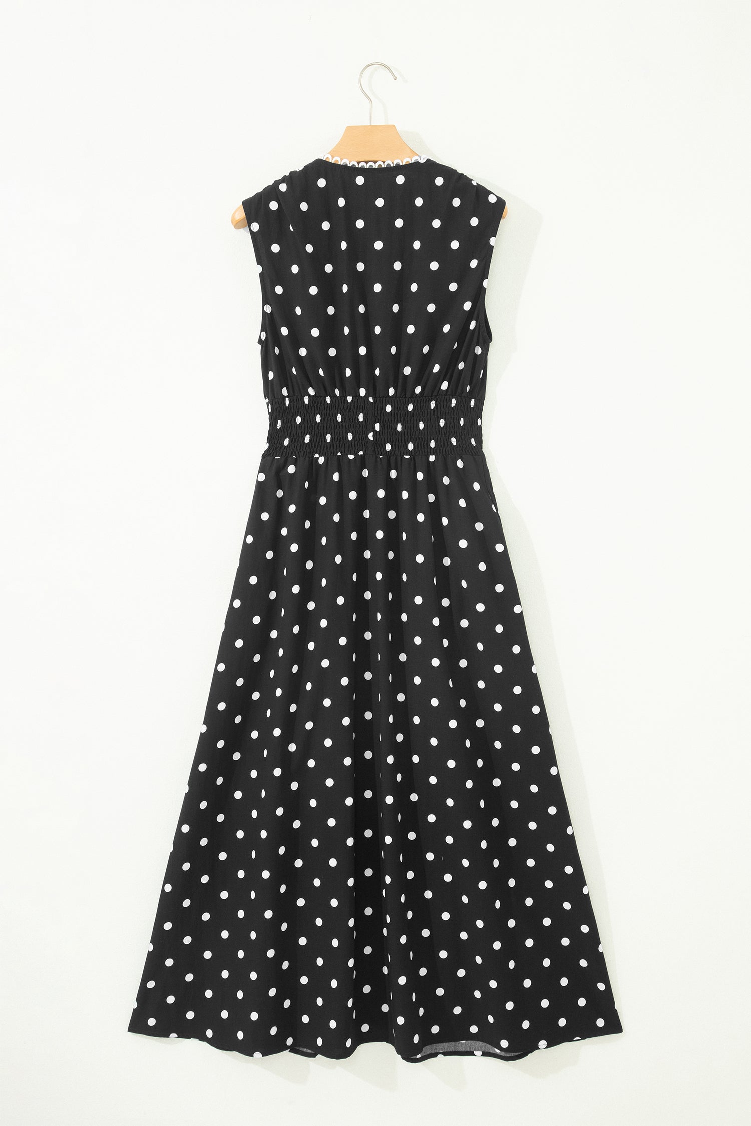 Polka Dot Print Contrast Trim V-Neck Zip Up Sleeveless Dress
