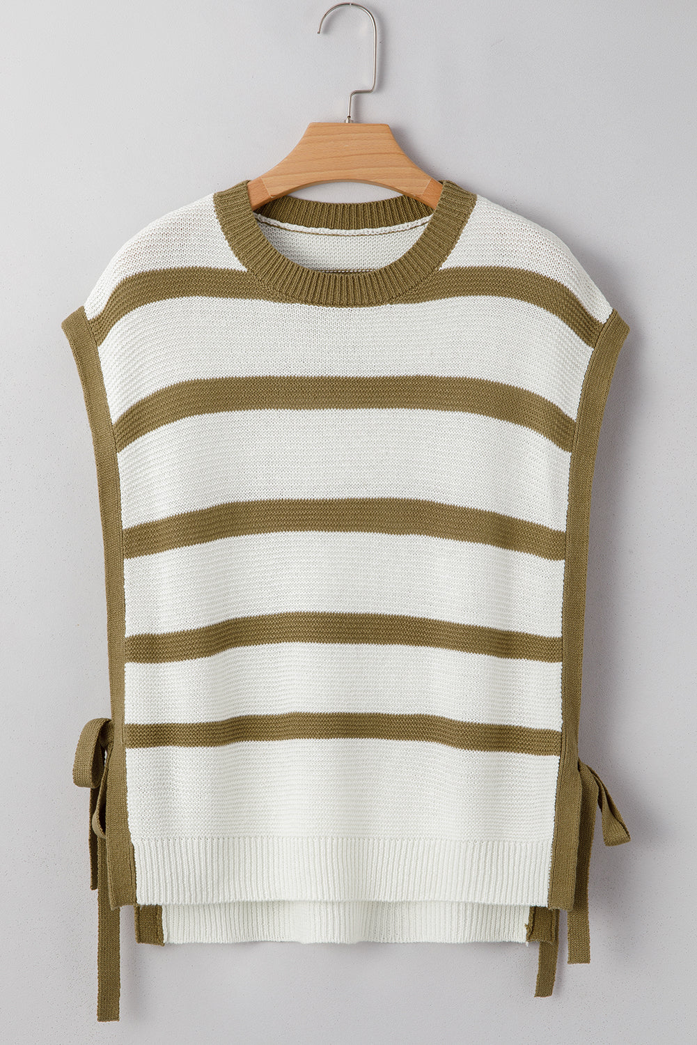Khaki Stripe Tie Open Side Sweater Knit Top eAura