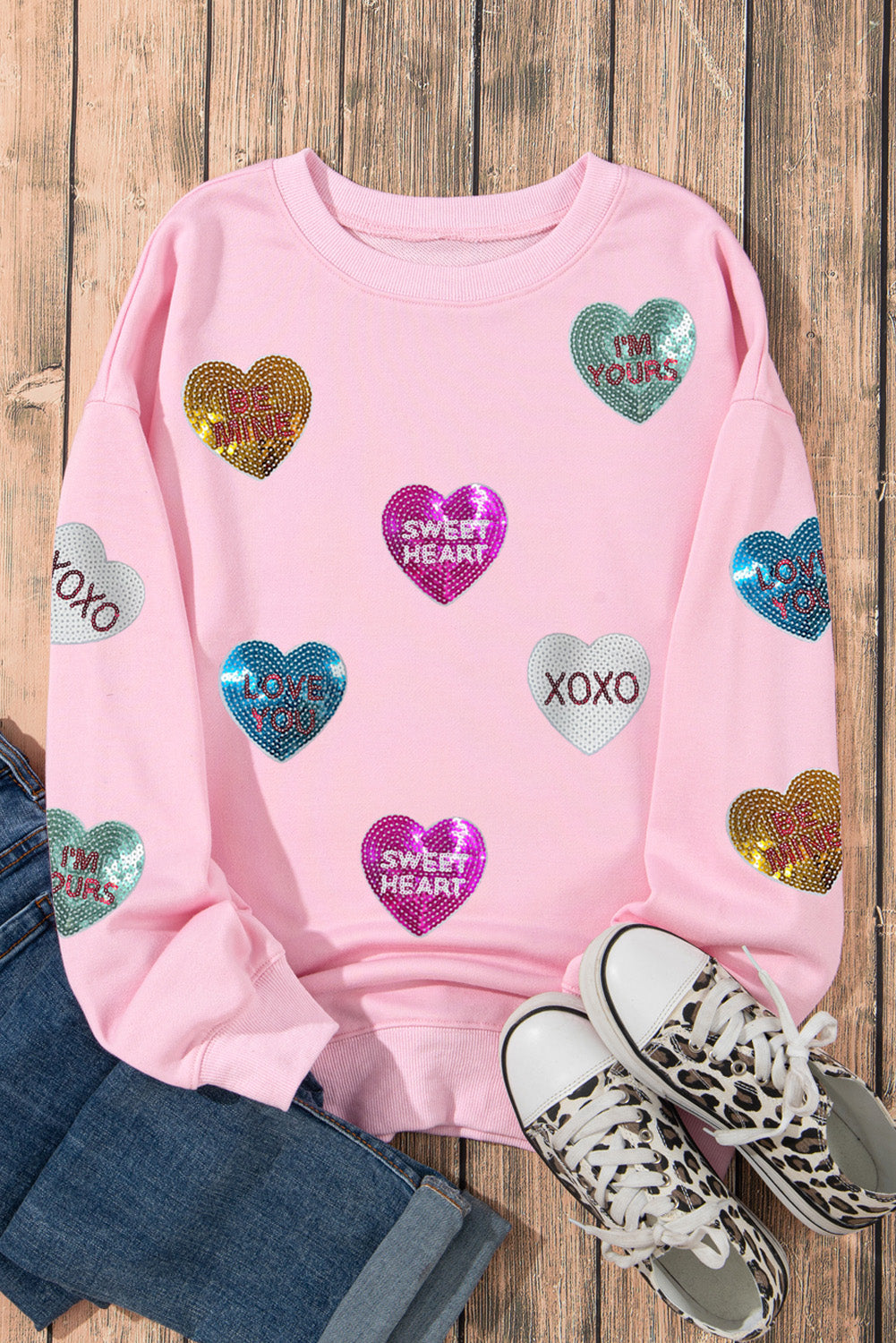 Pink Sequin Romantic Letters Heart Graphic Valentines Sweatshirt eAura