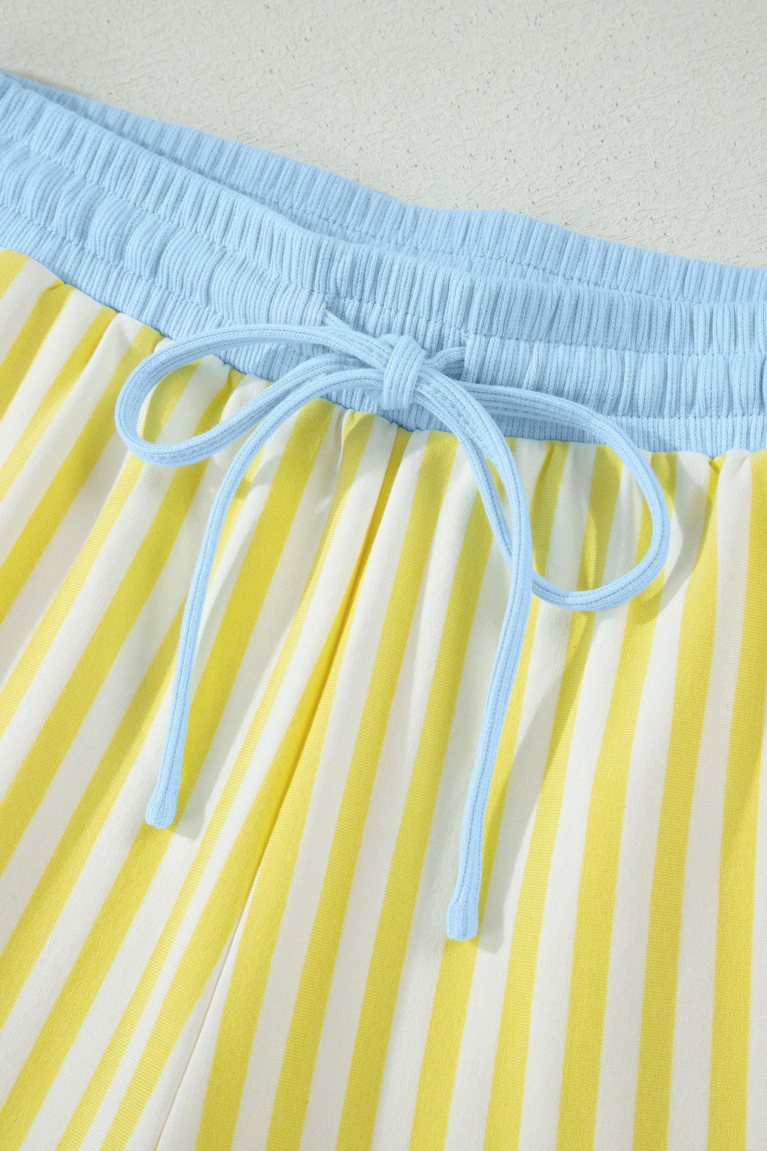 Colorblock Trim V Neck Tee Drawstring Elastic Waist Short Set – Yellow Stripe