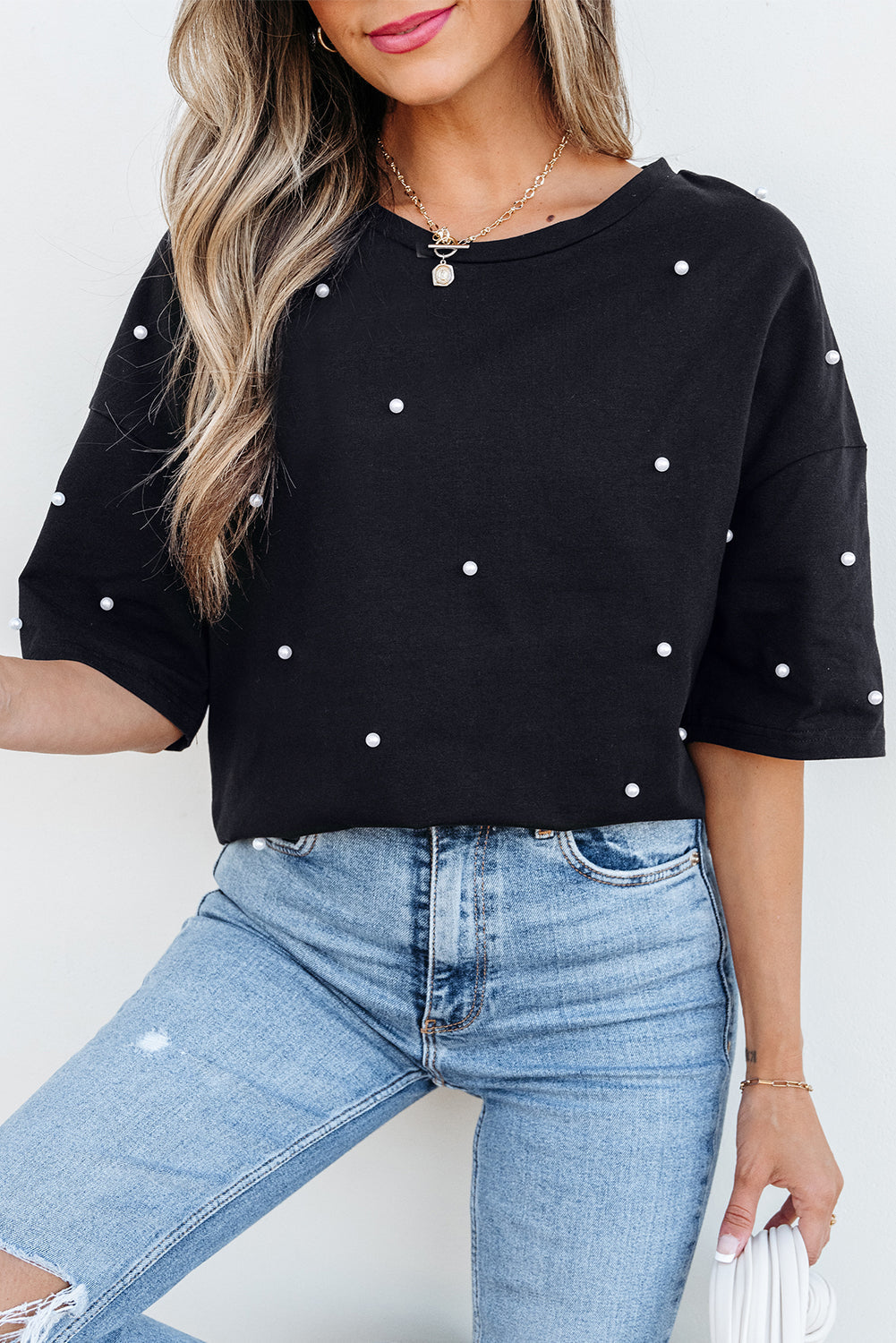 Black Pearl Beaded Drop Shoulder Crewneck T Shirt eAura
