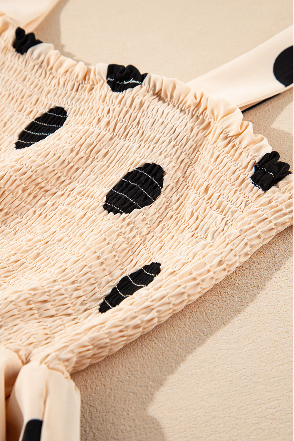 Oatmeal Polka Dot Smocked Fit Flared Sleeveless Long Dress eAura